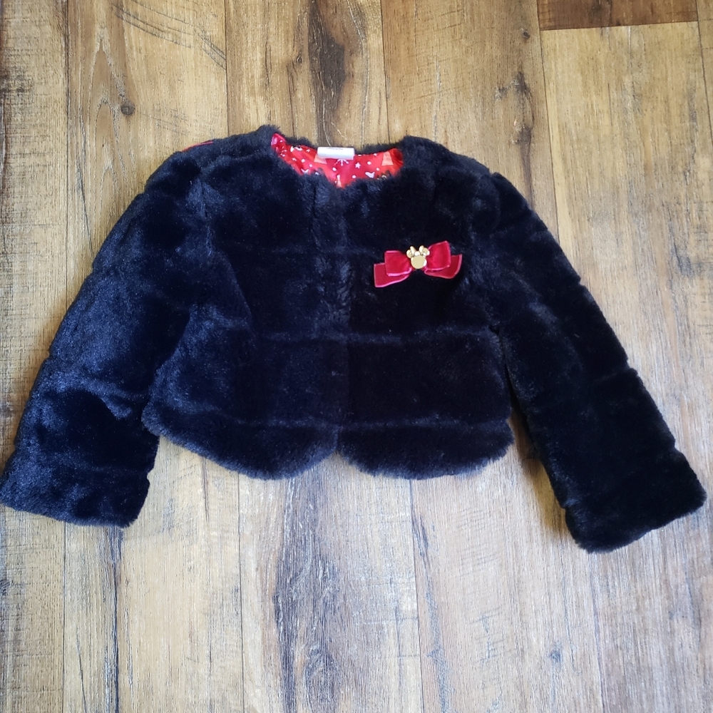 Girls Sz 3 Disney Store Holiday Black Faux Fur Jacket with Red Bow